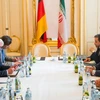 Ngoại trưởng Đức Frank-Walter Steinmeier (trái) và Ngoại trưởng Iran Mohammad Javad Zarif (phải) tại cuộc gặp ở Vienna (Áo), trước khi bắt đầu vòng đàm phán. (Nguồn: AFP/TTXVN) 