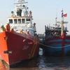 Tàu cá NĐ 92666 TS cùng sáu thuyền viên cập bến an toàn. (Ảnh: Văn Đạt/TTXVN) 
