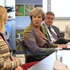 Thủ tướng Anh Theresa May (giữa) tại cuộc họp ở Warrington, Anh. (Nguồn: AFP/TTXVN) 