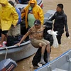 Lực lượng cứu hộ sơ tán người dân khỏi vùng ngập lụt sau bão Iota tại El Progreso, khu vực Yoro, Honduras, ngày 19/11/2020. (Ảnh: AFP/ TTXVN)