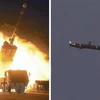 Hình ảnh do Hãng thông tấn KCNA đăng phát ngày 13/9/2021 cho thấy một tên lửa đạn đạo tầm xa thế hệ mới rời bệ phóng (ảnh trái) và bay trên bầu trời (ảnh phải). (Ảnh: YONHAP/TTXVN) 