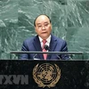 Chủ tịch nước Nguyễn Xuân Phúc phát biểu tại Phiên thảo luận Cấp cao Đại hội đồng Đại hội đồng Liên hợp quốc lần thứ 76. (Ảnh: TTXVN)