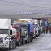 Các lái xe tải xếp hàng chờ xét nghiệm COVID-19 trên tuyến đường cao tốc Patacamya-Tambo, biên giới Chile và Bolivia. (Ảnh: AFP/TTXVN) 
