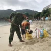 Cán bộ chiến sỹ Đồn biên phòng Cù Lao Chàm, bộ đội biên phòng Quảng Nam giúp đỡ người dân gia cố mái nhà bằng bao tải cát. (Ảnh: Đoàn Hữu Trung/TTXVN)