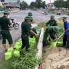 Bộ đội Biên phòng Đà Nẵng giúp dân vận chuyển các bao cát về để chèn mái tôn nhằm ứng phó với bão số 4. (Ảnh: TTXVN phát) 