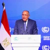 Ngoại trưởng Ai Cập Sameh Shoukry phát biểu tại Hội nghị COP27 ở Sharm El-Sheikh. (Ảnh: AFP/ TTXVN)