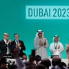 Chủ tịch Hội nghị lần thứ 28 các bên tham gia Công ước khung của Liên hợp quốc (LHQ) về biến đổi khí hậu Sultan Ahmed Al Jaber (giữa) và các đại biểu tại phiên họp toàn thể của COP28 ở Dubai, UAE ngày 13/12/2023. (Ảnh: AFP/TTXVN)
