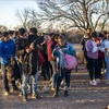 Lực lượng tuần tra biên giới kiểm tra giấy tờ của người di cư tại Eagle Pass, Texas, Mỹ, ngày 4/2/2024. (Ảnh: AFP/TTXVN)