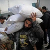 Người tị nạn Palestine ở Rafah, Dải Gaza nhận hàng viện trợ . (Ảnh: AFP/TTXVN)