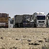 Xe tải chở hàng viện trợ cho Dải Gaza tập trung gần cửa khẩu Rafah bên phía Ai Cập. (Ảnh minh họa: AFP/TTXVN) 