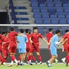 Đội tuyển Việt Nam khởi động trên sân Al Maktoum, Dubai, tối 6/6/2021. (Ảnh: Hoàng Linh/TTXVN)