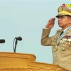 Thống tướng Min Aung Hlaing trong một sự kiện truyền hình trực tiếp, ngày 27/3/2021. (Ảnh: AFP/TTXVN)