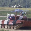Xe tăng Lào trong cuộc thi Xe tăng hành tiến (Tank Biathlon) ở ngoại ô thủ đô Moskva của Nga, trong khuôn khổ Army Games 2021. (Ảnh: Trần Hiếu/TTXVN)