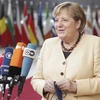 Thủ tướng Đức Angela Merkel phát biểu với báo giới khi tới tham dự hội nghị thượng đỉnh Liên minh châu Âu tại Brussels (Bỉ), ngày 21/10/2021. (Ảnh: AFP/TTXVN)