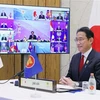 Thủ tướng Nhật Bản Fumio Kishida phát biểu tại Hội nghị cấp cao ASEAN-Nhật Bản được tổ chức theo hình thức trực tuyến, ngày 27/10/2021. (Ảnh: AFP/TTXVN)