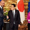 Chủ tịch Hội đồng châu Âu Charles Michel (trái) bắt tay Thủ tướng Nhật Bản Fumio Kishida trước cuộc hội đàm tại Tokyo (Nhật Bản), ngày 12/5/2022. (Nguồn: reuters.com)