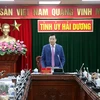 Bí thư Tỉnh ủy Hải Dương Phạm Xuân Thăng phát biểu tại lễ ký kết quyết định hợp tác một dự án đầu tư tại thành phố Hải Dương, ngày 15/2/2022. (Ảnh: Mạnh Tú/TTXVN)