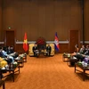 Chủ tịch Quốc hội Campuchia Samdech Heng Samrin tiếp Chủ tịch Nhóm Nghị sỹ hữu nghị Việt Nam-Campuchia Nguyễn Đức Hải. (Ảnh: TTXVN)