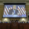 Cựu Tổng thống Mỹ Donald Trump (trên màn hình) phát biểu tại một phiên điều trần của Ủy ban 6/1 ở Washington, D.C. ngày 13/10/2022. (Ảnh: AFP/TTXVN)