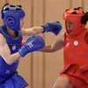 Trận chung kết Wushu nội dung Tán thủ hạng 48kg nữ giữa VĐV Nguyễn Thị Lan (giáp xanh) và Cherry Than (Myanmar, giáp đỏ). Ảnh: Hoàng Linh - TTXVN
