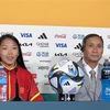Huấn luyện viên Mai Đức Chung và Đội trưởng Huỳnh Như tại buổi họp báo ngày 26/7/2023. (Ảnh: TTXVN phát)