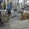 Công nhân vận chuyển gạo tại nhà máy ở Hyderabad (Ấn Độ). (Ảnh: AFP/TTXVN)