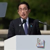 Thủ tướng Nhật Bản Fumio Kishida phát biểu tại cuộc họp báo bế mạc Hội nghị Thượng đỉnh G7 ở thành phố Hiroshima ngày 21/5/2023. (Ảnh: AFP/TTXVN)
