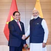 Thủ tướng Phạm Minh Chính gặp Thủ tướng Ấn Độ Narendra Modi tại Hội nghị thượng đỉnh Nhóm Các nước Công nghiệp Phát triển (G7) Mở rộng ở Hiroshima (Nhật Bản), ngày 20/5/2023. (Ảnh: Dương Giang/TTXVN)