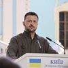 Tổng thống Ukraine Volodymyr Zelensky phát biểu trong cuộc họp báo ở Kiev ngày 24/8/2024. (Ảnh: Kyodo/TTXVN)