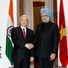 Thủ tướng Cộng hòa Ấn Độ Manmohan Singh và Tổng Bí thư Nguyễn Phú Trọng trước cuộc hội đàm. (Ảnh: Trí Dũng/TTXVN)