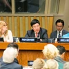 Phó Thủ tướng Phạm Bình Minh phát biểu Phiên thảo luận cấp cao “Từ Đối thoại toàn cầu đến Hành động toàn cầu – Thực hiện các Mục tiêu Phát triển bền vững.” (Ảnh: Lê Dương/TTXVN)