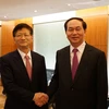 Bộ trưởng Trần Đại Quang hội kiến Ủy viên Bộ Chính trị, Bí thư Ủy ban Chính pháp Trung ương Đảng Cộng sản Trung Quốc Mạnh Kiến Trụ. (Ảnh: Trung Kiên/TTXVN)