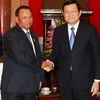 Chủ tịch nước Trương Tấn Sang tiếp Ngài Samdech Say Chhum, Chủ tịch Thượng viện Vương quốc Campuchia. (Ảnh: Nguyễn Khang/TTXVN)