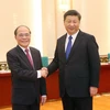 Chủ tịch Quốc hội Nguyễn Sinh Hùng hội kiến với Tổng Bí thư, Chủ tịch Trung Quốc Tập Cận Bình. (Ảnh: Nhan Sáng/TTXVN)