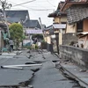 Cảnh đổ nát sau trận động đất ở Mashiki, tỉnh Kumamoto ngày 16/4. (Nguồn: AFP/TTXVN)