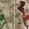 Hồ Urmia trước và sau đợt hạn hán. (Nguồn: earthobservatory.nasa.gov)