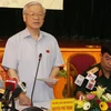 Tổng Bí thư Nguyễn Phú Trọng phát biểu tại buổi tiếp xúc cử tri quận Ba Đình và Hoàn Kiếm. (Ảnh:Trí Dũng/TTXVN)