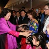 Chủ tịch Quốc hội Nguyễn Thị Kim Ngân đến thăm Đại sứ quán và gặp mặt cộng đồng người Việt Nam tại Ấn Độ. (Ảnh: Trọng Đức/TTXVN)
