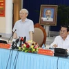 Tổng Bí thư Nguyễn Phú Trọng phát biểu tại buổi làm việc với Ban Thường vụ Tỉnh ủy và cán bộ chủ chốt tỉnh Cà Mau. (Ảnh : Trí Dũng/TTXVN)