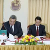 Tổng Giám đốc Thông tấn xã Việt Nam Nguyễn Đức Lợi và Tổng Giám đốc Hãng thông tấn Algeria Abdelhamid Kacha ký kết thỏa thuận hợp tác giữa 2 hãng. (Ảnh: Văn Điệp/TTXVN)