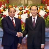 Chủ tịch nước Trần Đại Quang đón Tổng thống Abdel Fattah el-Sisi. (Ảnh: Nhan Sáng/TTXVN)