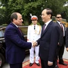 Chủ tịch nước Trần Đại Quang đón Tổng thống Abdel Fattah el-Sisi. (Ảnh: Nhan Sáng/TTXVN)