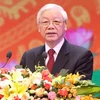 Tổng Bí thư Nguyễn Phú Trọng đọc diễn văn tại lễ kỷ niệm. (Ảnh: Phương Hoa/TTXVN)