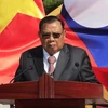 Tổng Bí thư, Chủ tịch nước Lào Bounnhang Vorachith phát biểu tại buổi họp báo. (Ảnh: Nhan Sáng/TTXVN)