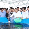 Thủ tướng Nguyễn Xuân Phúc và các biểu thả tôm giống tại Khu nông nghiệp ứng dụng công nghệ cao tôm Bạc Liêu. (Ảnh: Thống Nhất/TTXVN)