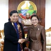 Chủ tịch Quốc hội Lào Pany Yathotou tiếp Phó Chủ tịch thường trực Quốc hội Tòng Thị Phóng. (Ảnh: Phạm Kiến/Vietnam+)