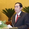 Chủ tịch Ủy ban Trung ương Mặt trận Tổ quốc Việt Nam Trần Thanh Mẫn trình bày Báo cáo tổng hợp ý kiến, kiến nghị của cử tri và nhân dân. (Ảnh: Phương Hoa/TTXVN)