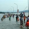 Tỉnh lộ ngập sâu, dân thôn ở Hà Nội nô nức đi bắt cá, cho trẻ ra bơi 