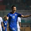 Supachai Chaided ăn mừng bàn thắng gỡ hòa cho Olympic Thái Lan trong trận đấu với Olympic Qatar. (Nguồn: goal.com)