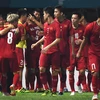 Các cầu thủ Olympic Việt Nam ăn mừng sau khi ghi bàn thắng duy nhất trong trận đấu vào lưới Olympic Bahrain tại vòng 1/8 ASIAD 2018 diễn ra ở Bekasi, Indonesia ngày 23/8. (Nguồn: AFP/TTXVN)